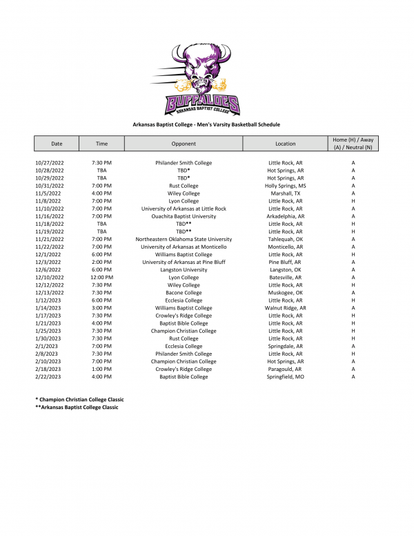 2022 ABC Men’s Basketball Schedule – Arkansas Baptist College